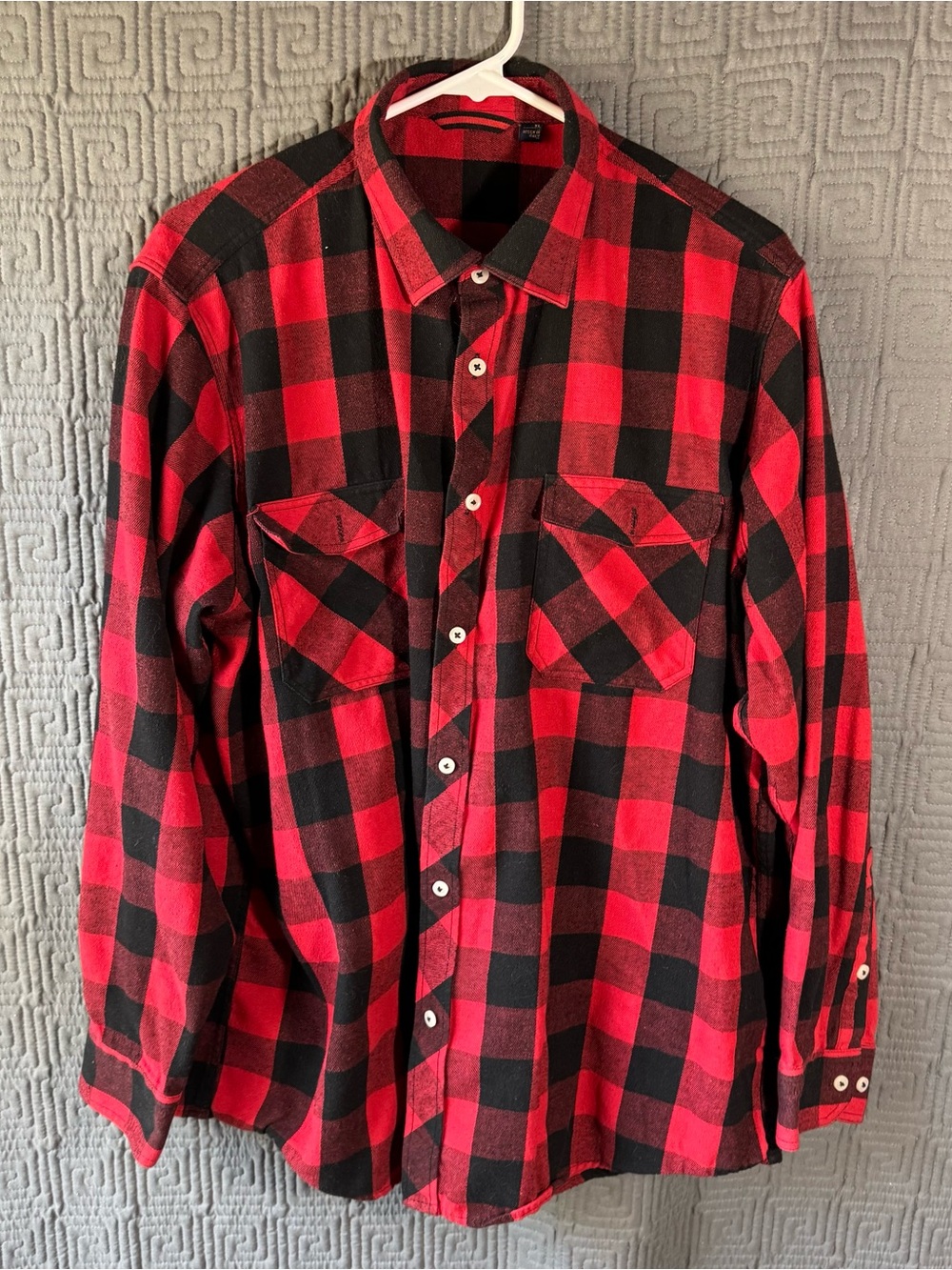 Design In Italy Luxury Mens Flannel Shirt XL Red Black Plaid Long Sleeve Button